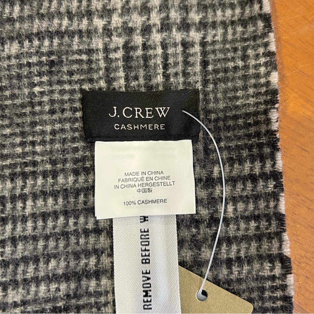 J.Crew cashmere two sided glen plaid gray black fringe scarf NWT - Picture 4 of 6